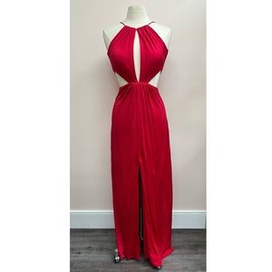 Aidan Mattox Cutout Organza Halter Maxi Dress in Ruby